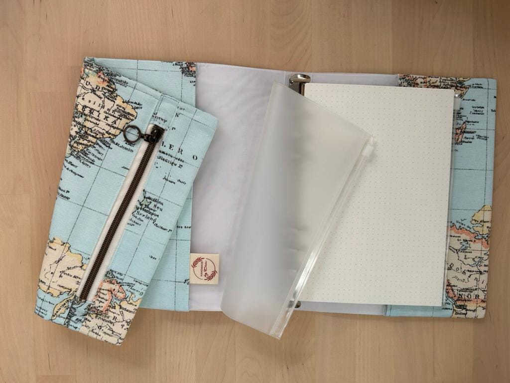 Handmade Limited Edition Fabric-Covered Journal with Integrated Pencil Case - World map cover