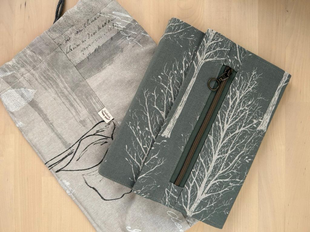 Handmade Limited Edition Fabric-Covered Journal with Integrated Pencil Case - Forest themed cover