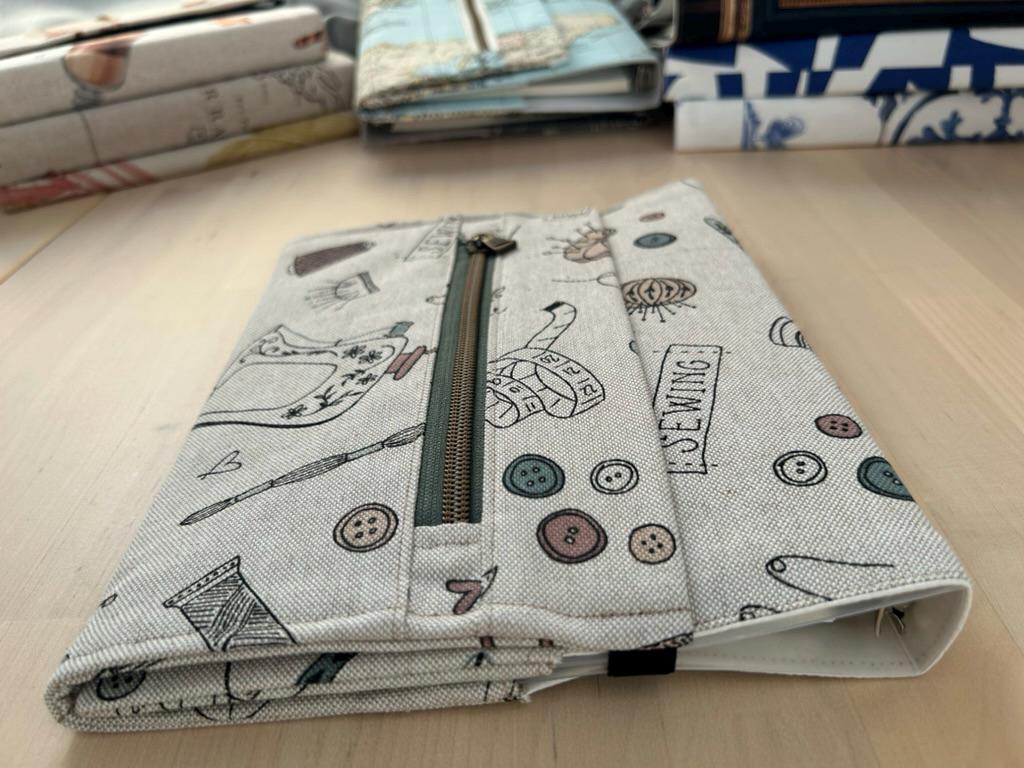 Handmade Limited Edition Fabric-Covered Journal with Integrated Pencil Case - Sewing themed cover