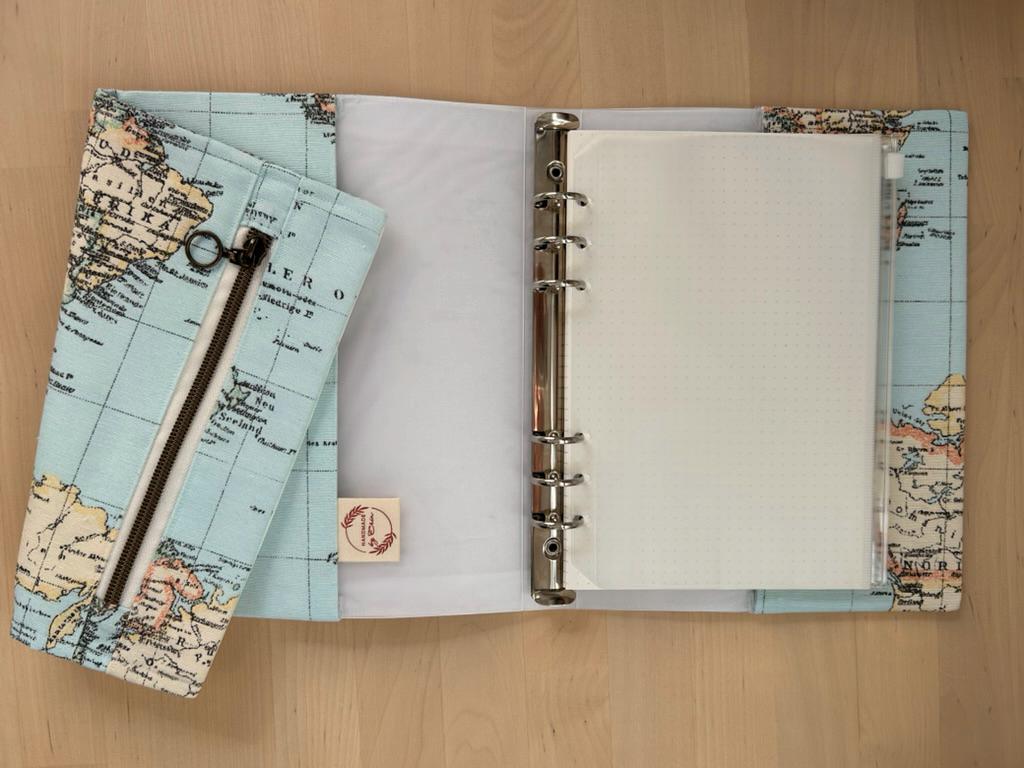 Handmade Limited Edition Fabric-Covered Journal with Integrated Pencil Case - World map cover