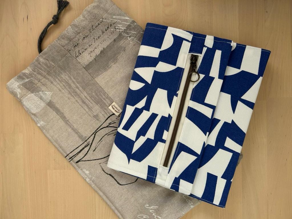 Handmade Limited Edition Fabric-Covered Journal with Integrated Pencil Case - Graphic white and blue cover