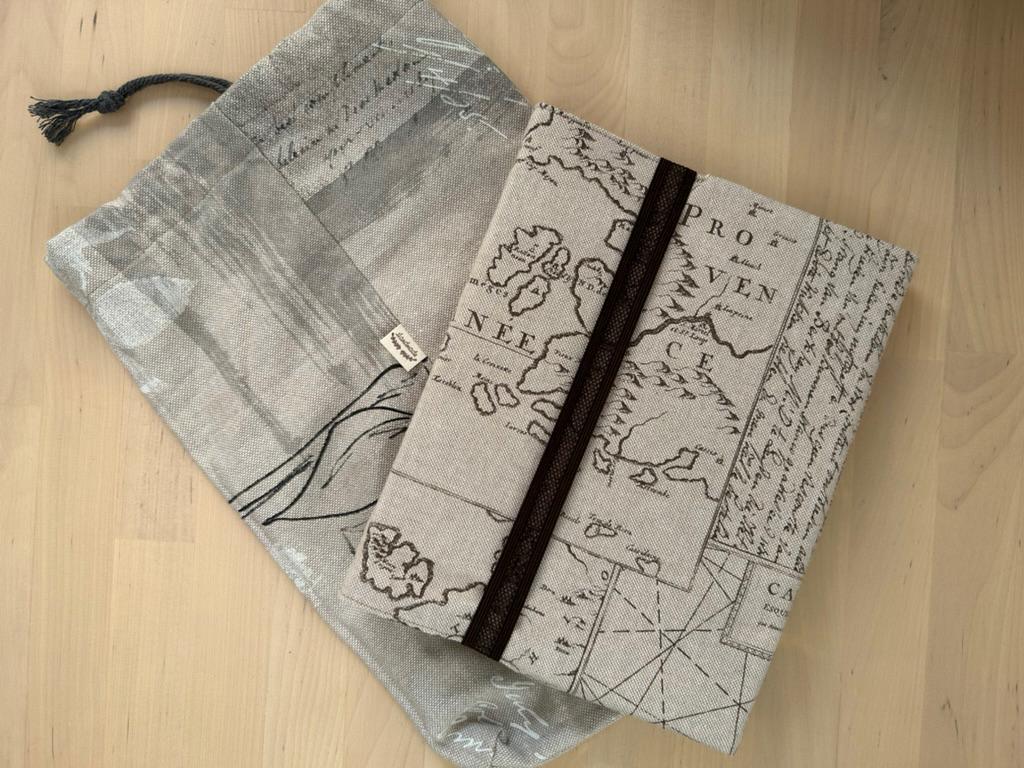 Handmade Limited Edition Fabric-Covered Journal with Integrated Pencil Case - Neutral map themed cover