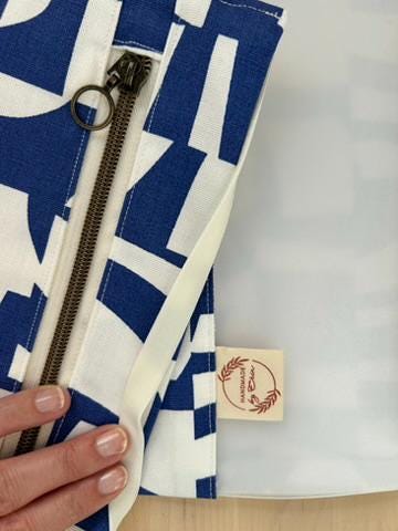 Handmade Limited Edition Fabric-Covered Journal with Integrated Pencil Case - Graphic white and blue cover