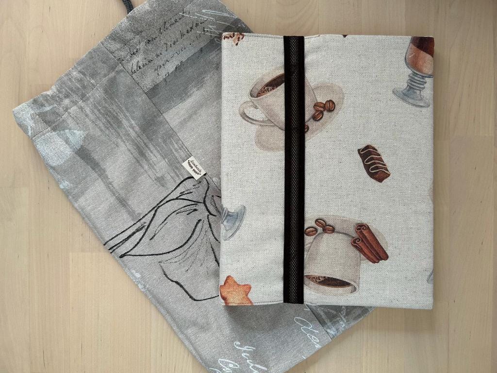 Handmade Limited Edition Fabric-Covered Journal with Integrated Pencil Case - Coffee themed cover