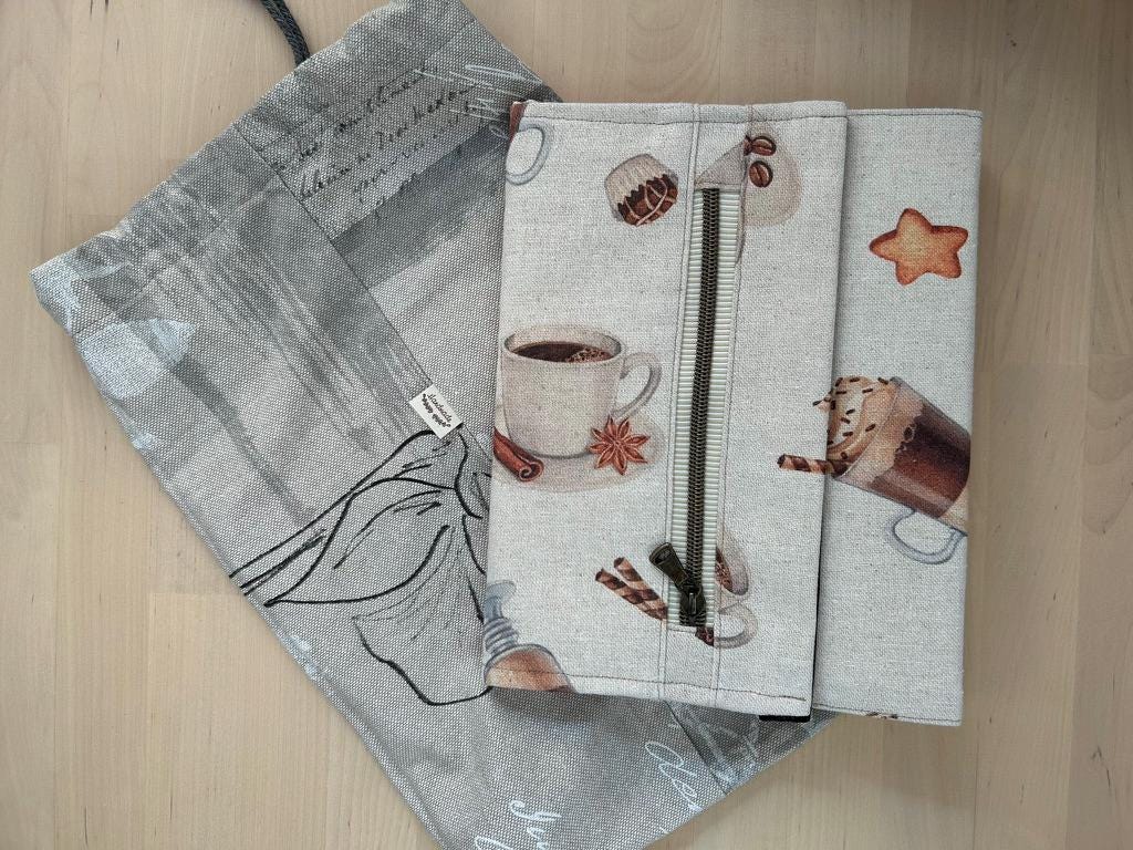 Handmade Limited Edition Fabric-Covered Journal with Integrated Pencil Case - Coffee themed cover