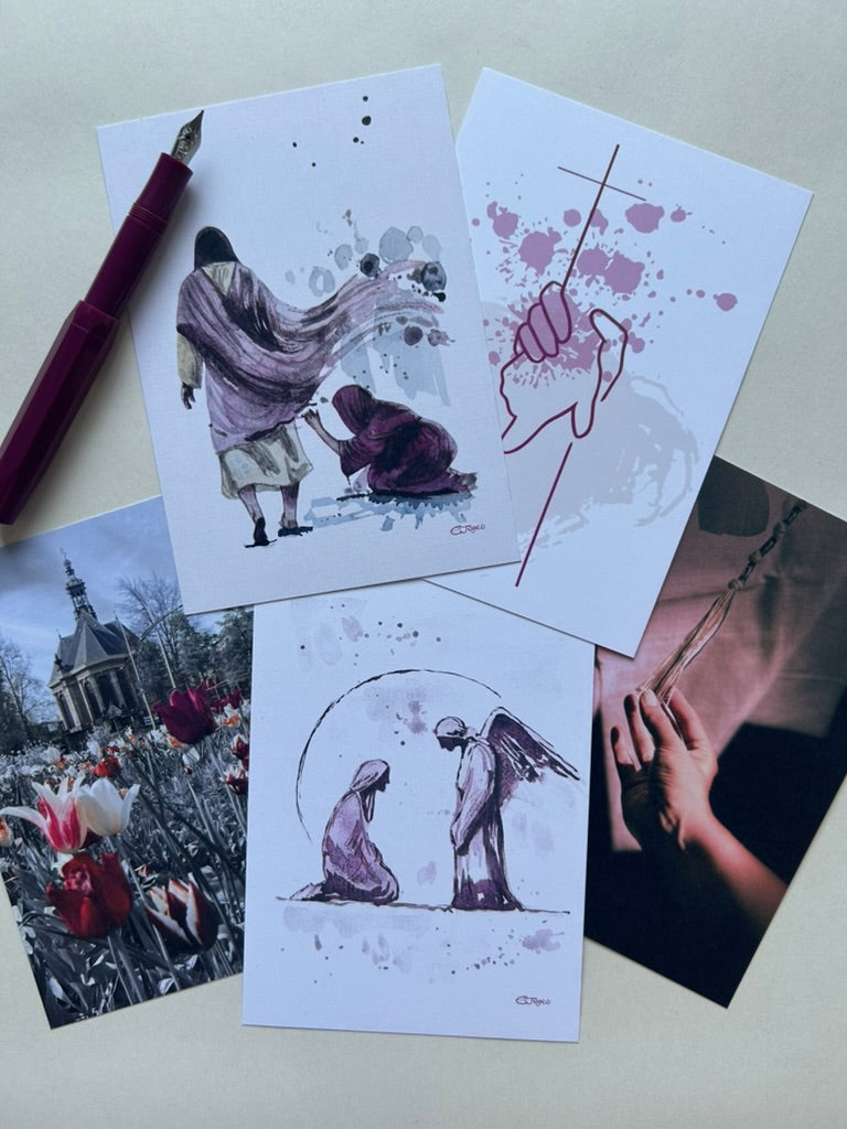 Set of 5 Original Postcards and 5 custom local stamps - Devotional Collection