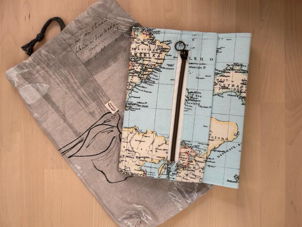 Handmade Limited Edition Fabric-Covered Journal with Integrated Pencil Case - World map cover
