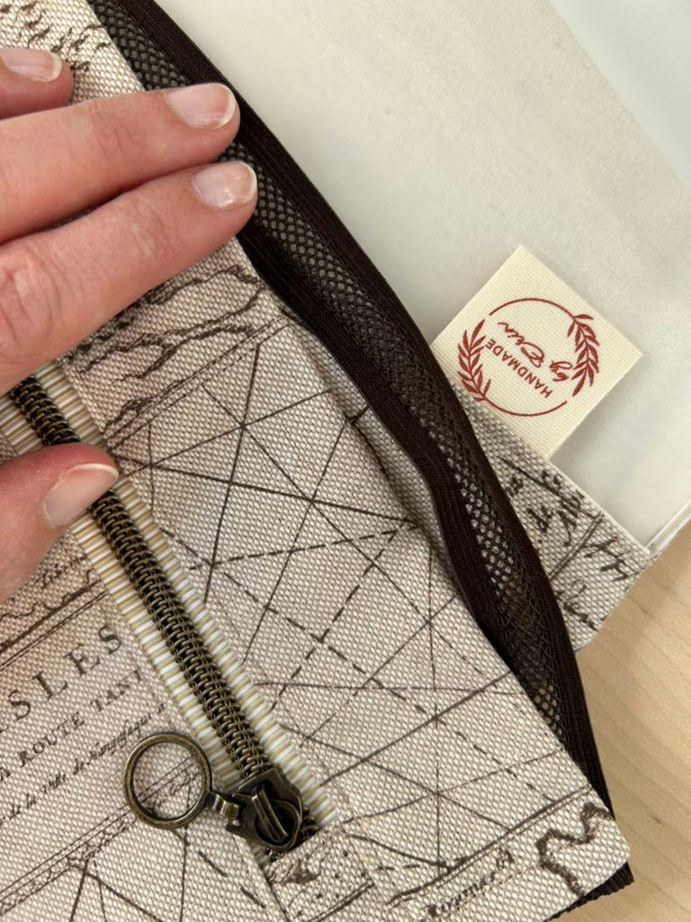 Handmade Limited Edition Fabric-Covered Journal with Integrated Pencil Case - Neutral map themed cover