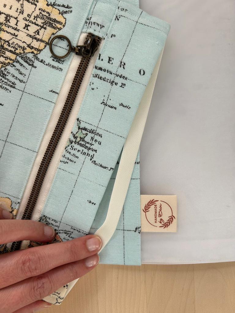 Handmade Limited Edition Fabric-Covered Journal with Integrated Pencil Case - World map cover