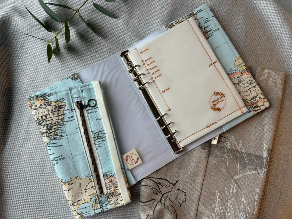 Handmade Limited Edition Fabric-Covered Journal with Integrated Pencil Case - World map cover