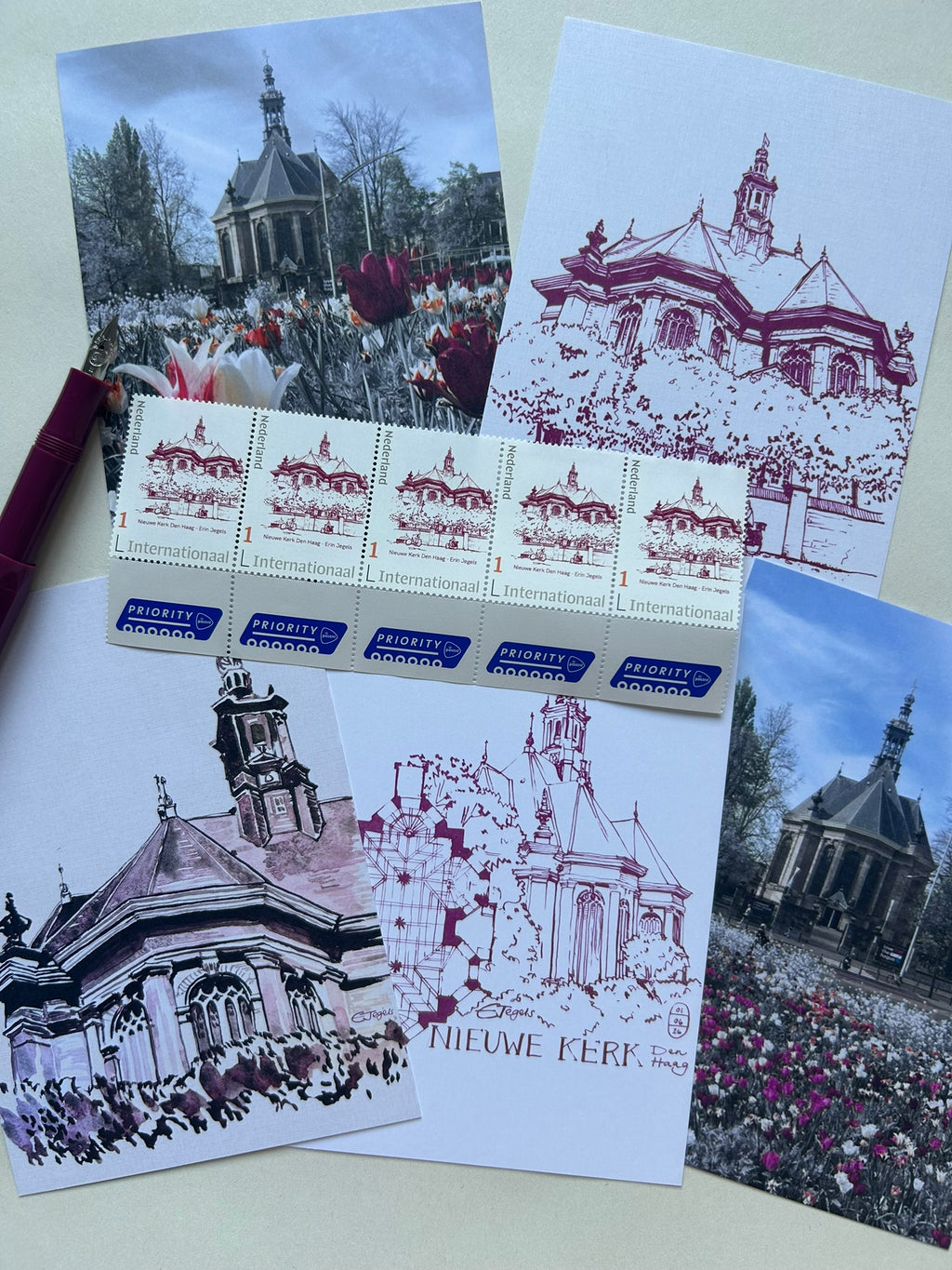 Set of 5 Original Postcards and 5 custom international stamps - Nieuwe Kerk Collection