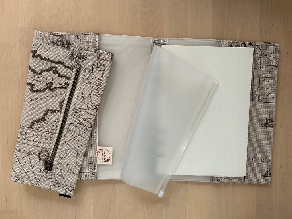 Handmade Limited Edition Fabric-Covered Journal with Integrated Pencil Case - Neutral map themed cover