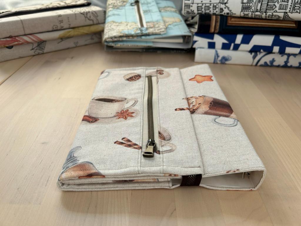 Handmade Limited Edition Fabric-Covered Journal with Integrated Pencil Case - Coffee themed cover