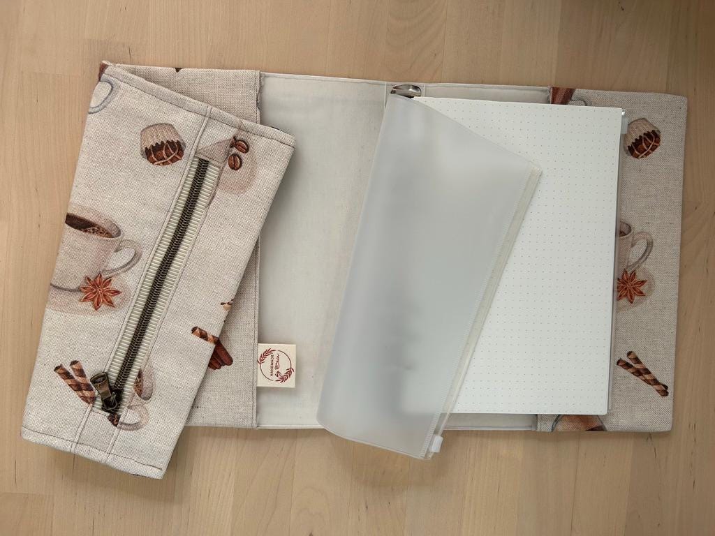 Handmade Limited Edition Fabric-Covered Journal with Integrated Pencil Case - Coffee themed cover