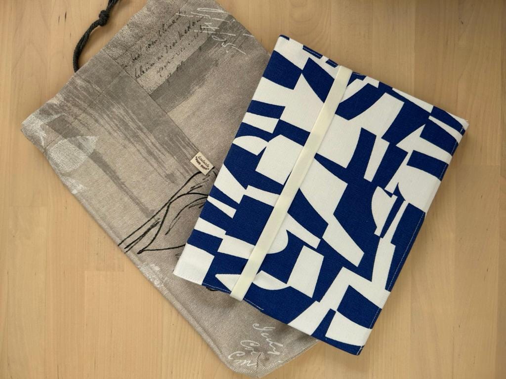 Handmade Limited Edition Fabric-Covered Journal with Integrated Pencil Case - Graphic white and blue cover