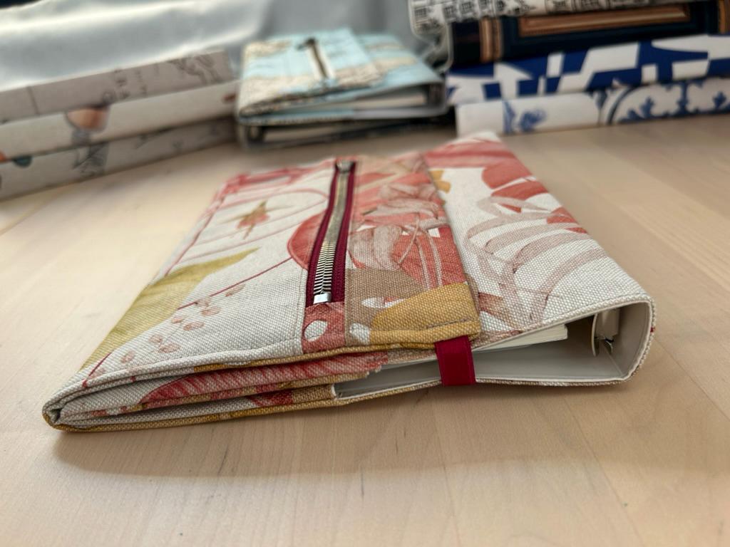 Handmade Limited Edition Fabric-Covered Journal with Integrated Pencil Case - Tropical parrots themed cover