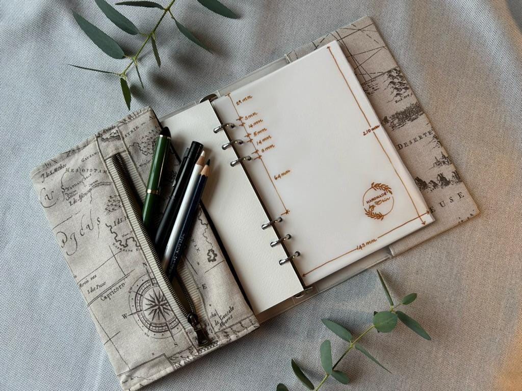 Handmade Limited Edition Fabric-Covered Journal with Integrated Pencil Case - Neutral map themed cover