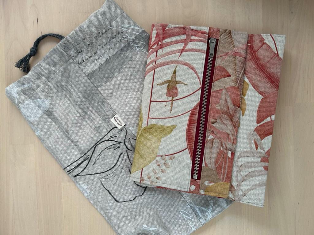 Handmade Limited Edition Fabric-Covered Journal with Integrated Pencil Case - Tropical parrots themed cover