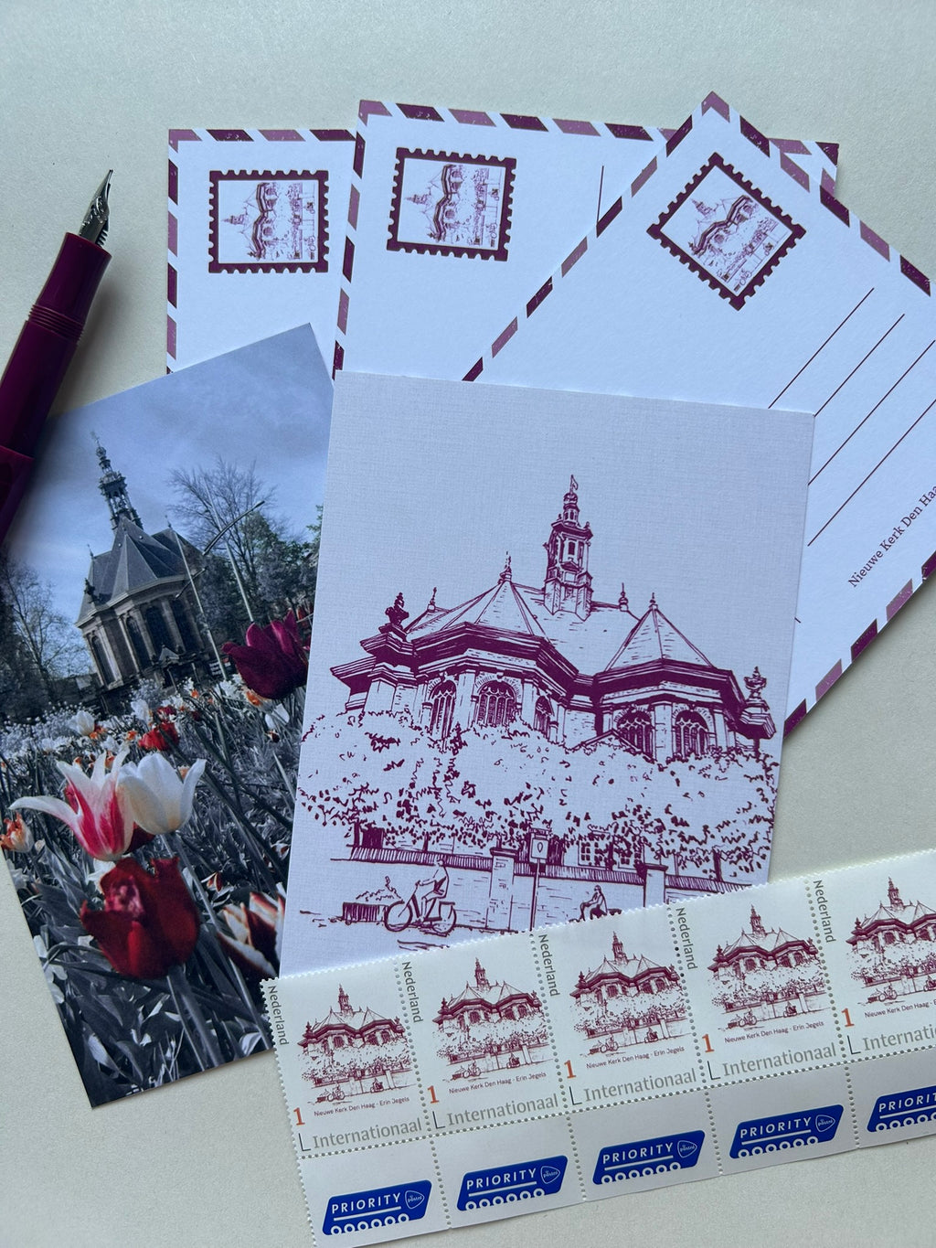 Set of 5 Original Postcards and 5 custom international stamps - Nieuwe Kerk Collection