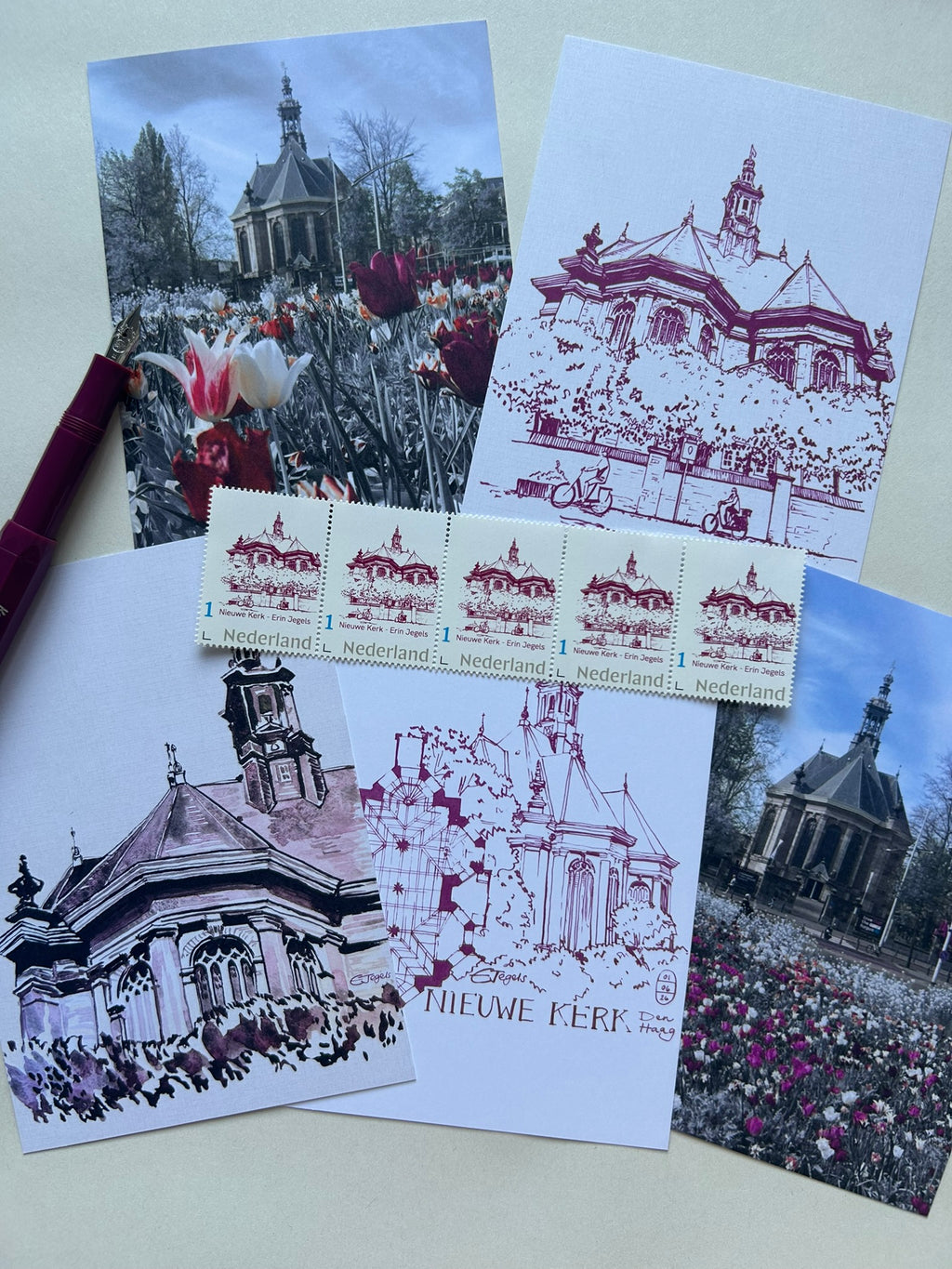 Set of 5 Original Postcards and 5 custom local stamps - Nieuwe Kerk Collection