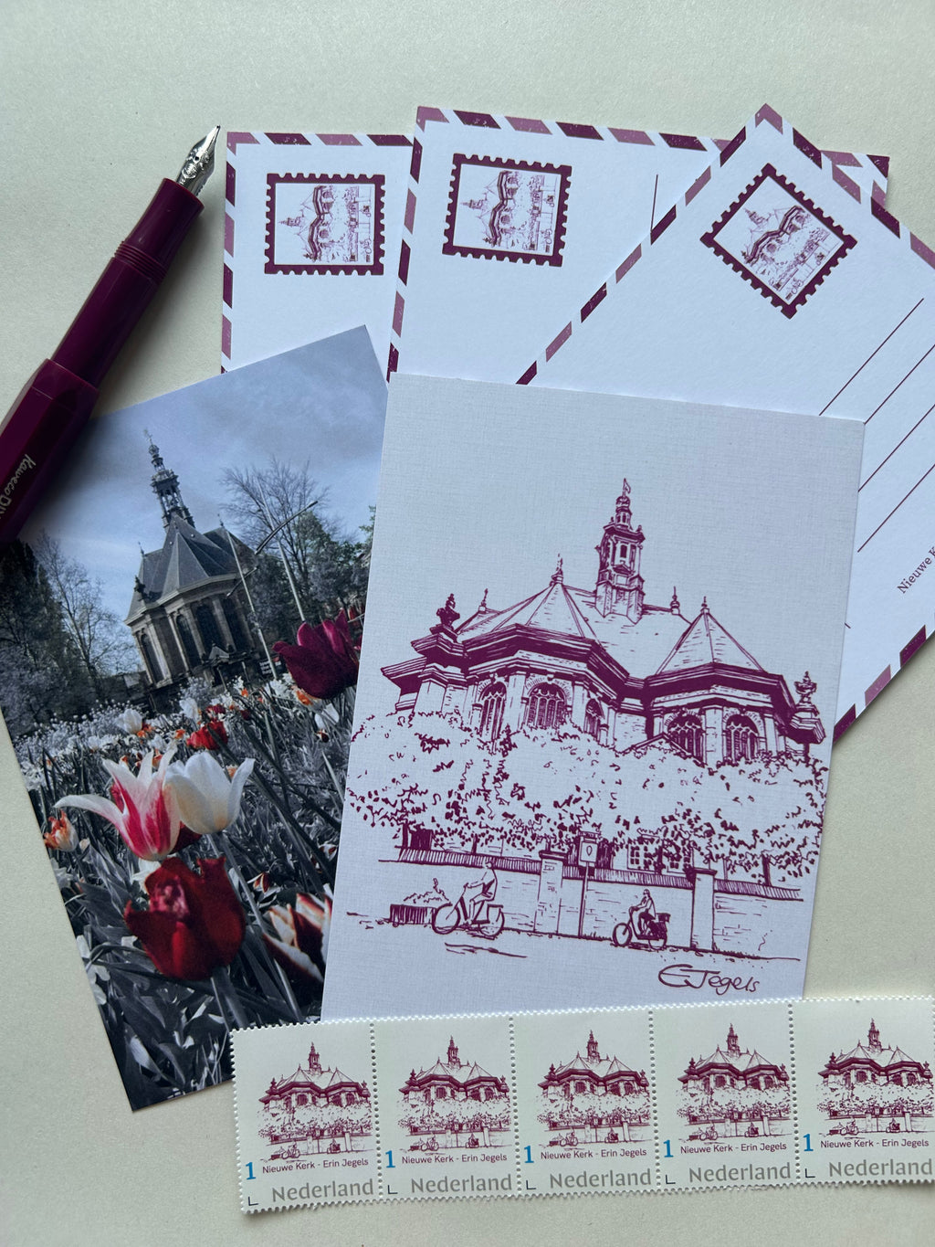 Set of 5 Original Postcards and 5 custom local stamps - Nieuwe Kerk Collection