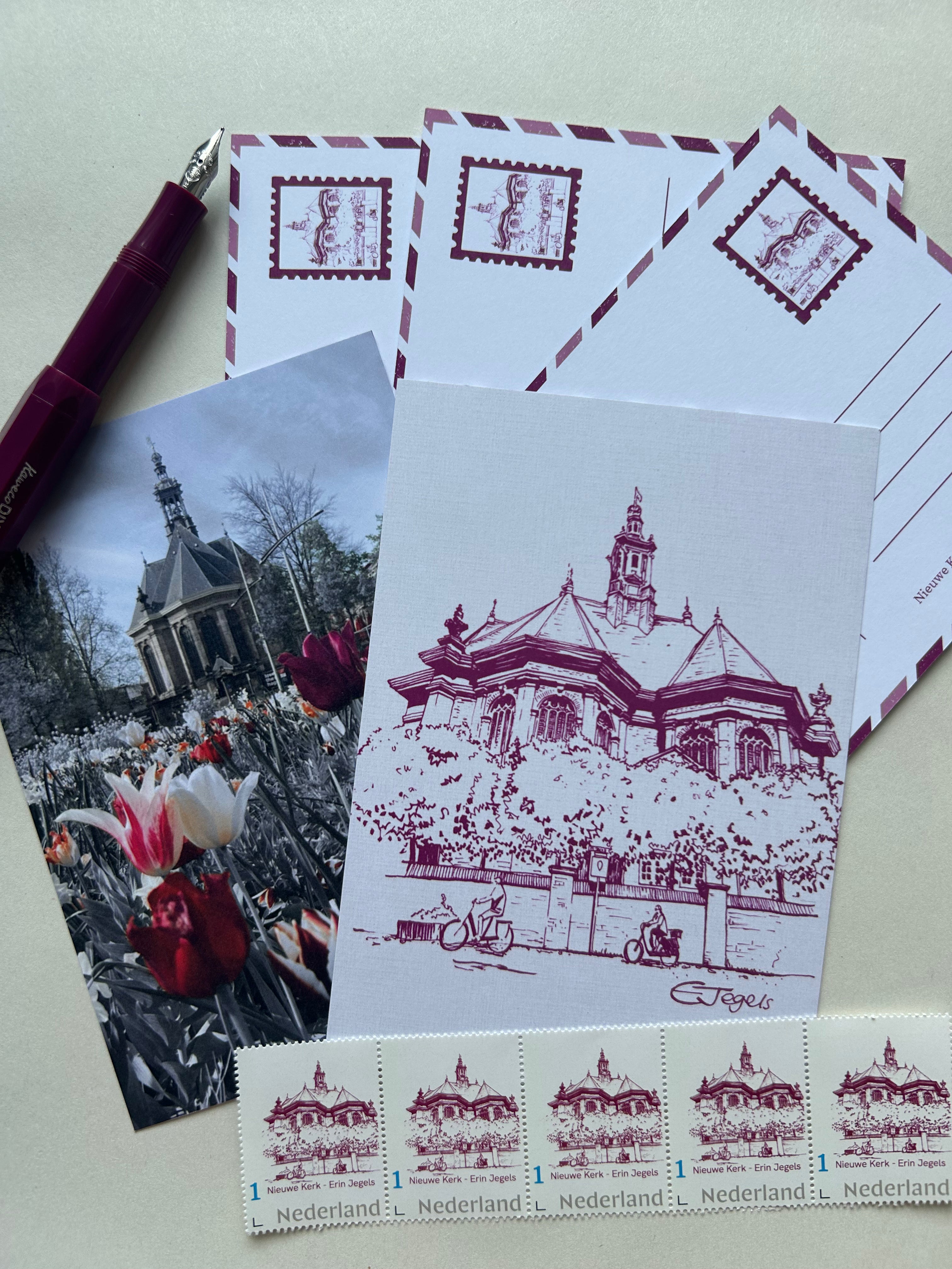 Set of 5 Original Postcards and 5 custom local stamps - Nieuwe Kerk Collection