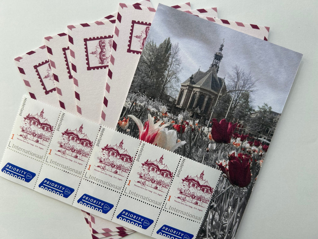 Set of 5 Original Postcards and 5 custom international stamps - Nieuwe Kerk Collection