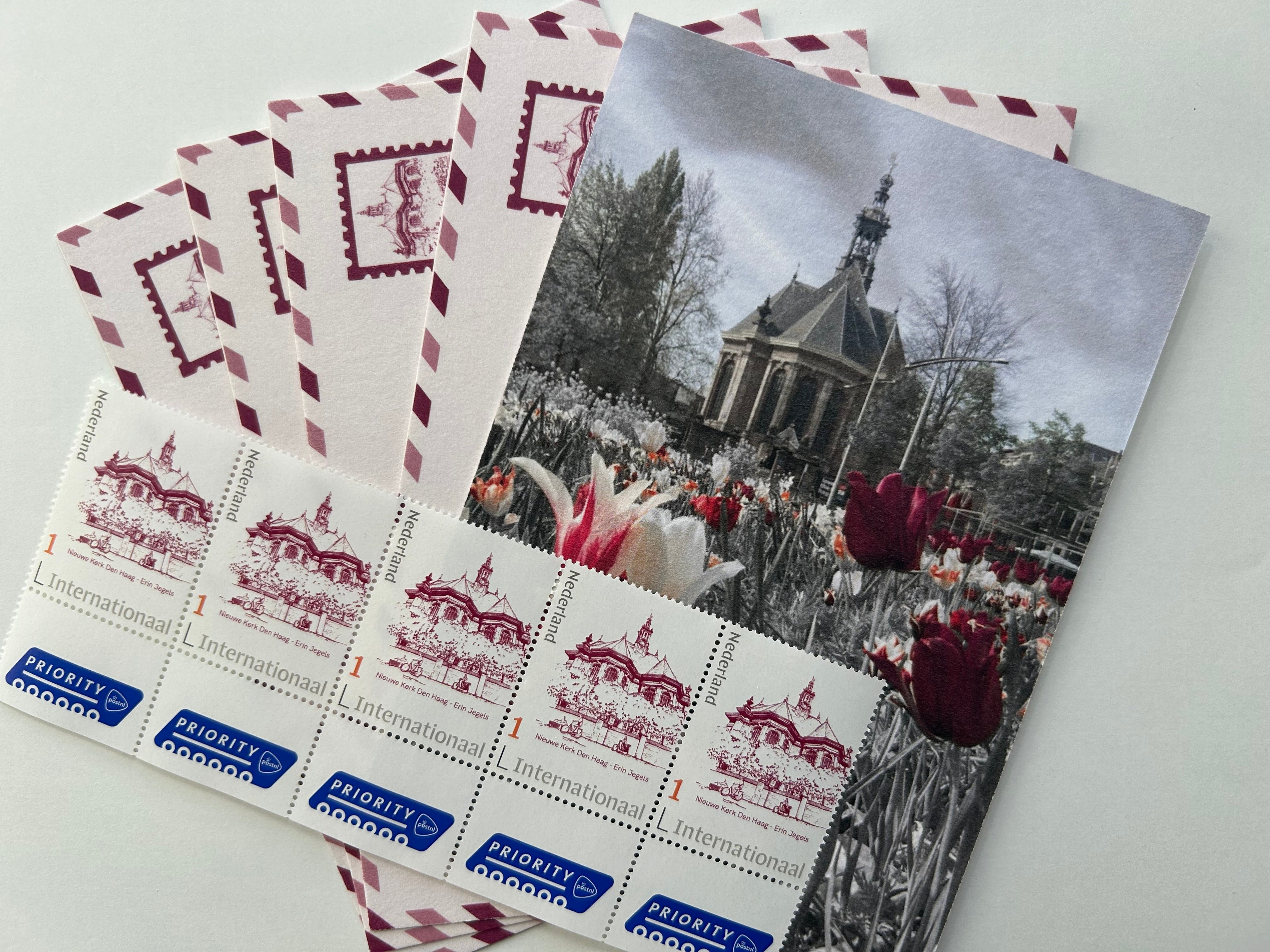 Set of 5 Original Postcards and 5 custom international stamps - Nieuwe Kerk Collection