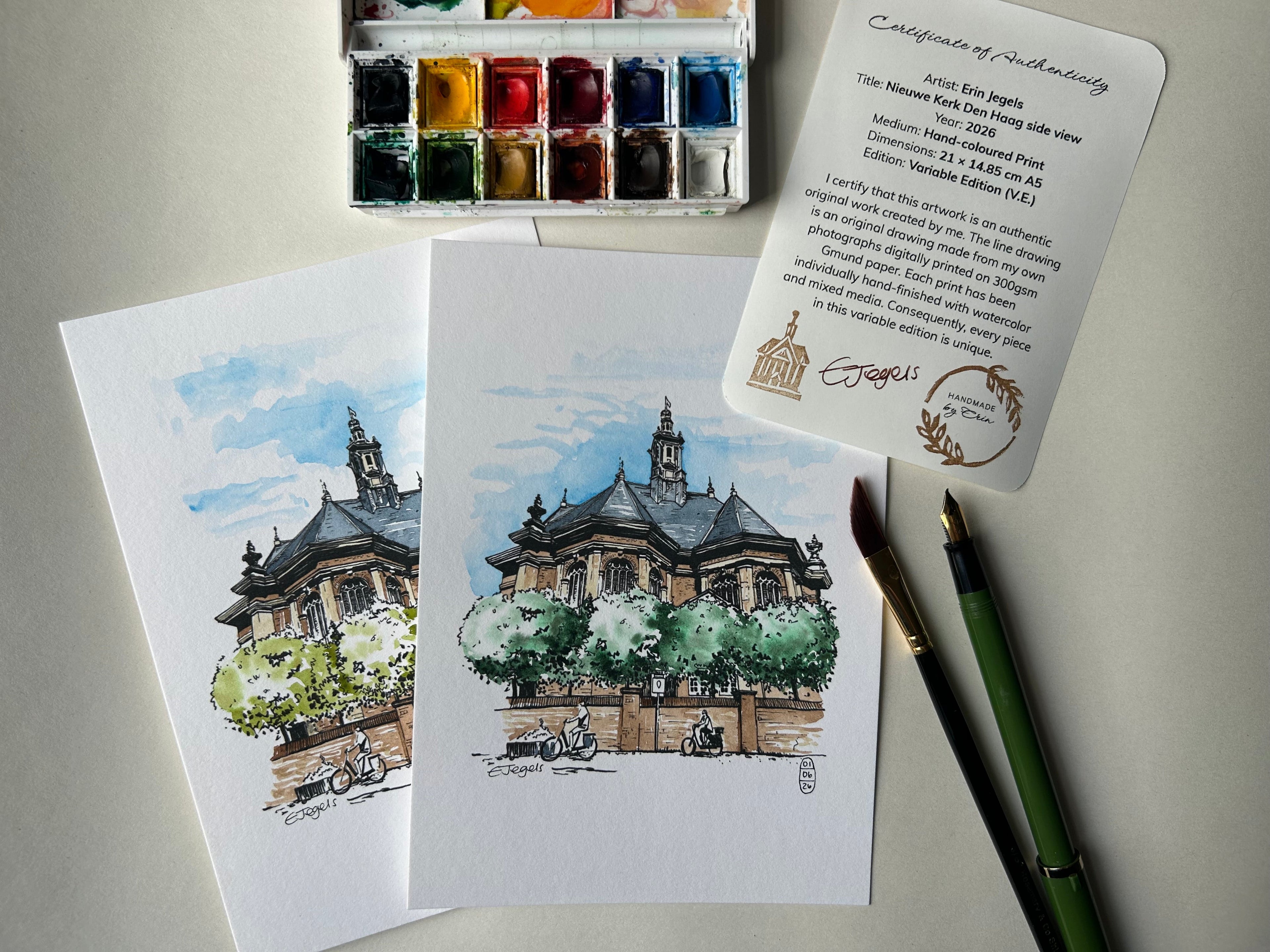 Nieuwe Kerk Den Haag side view – Hand-coloured Print by Erin Jegels