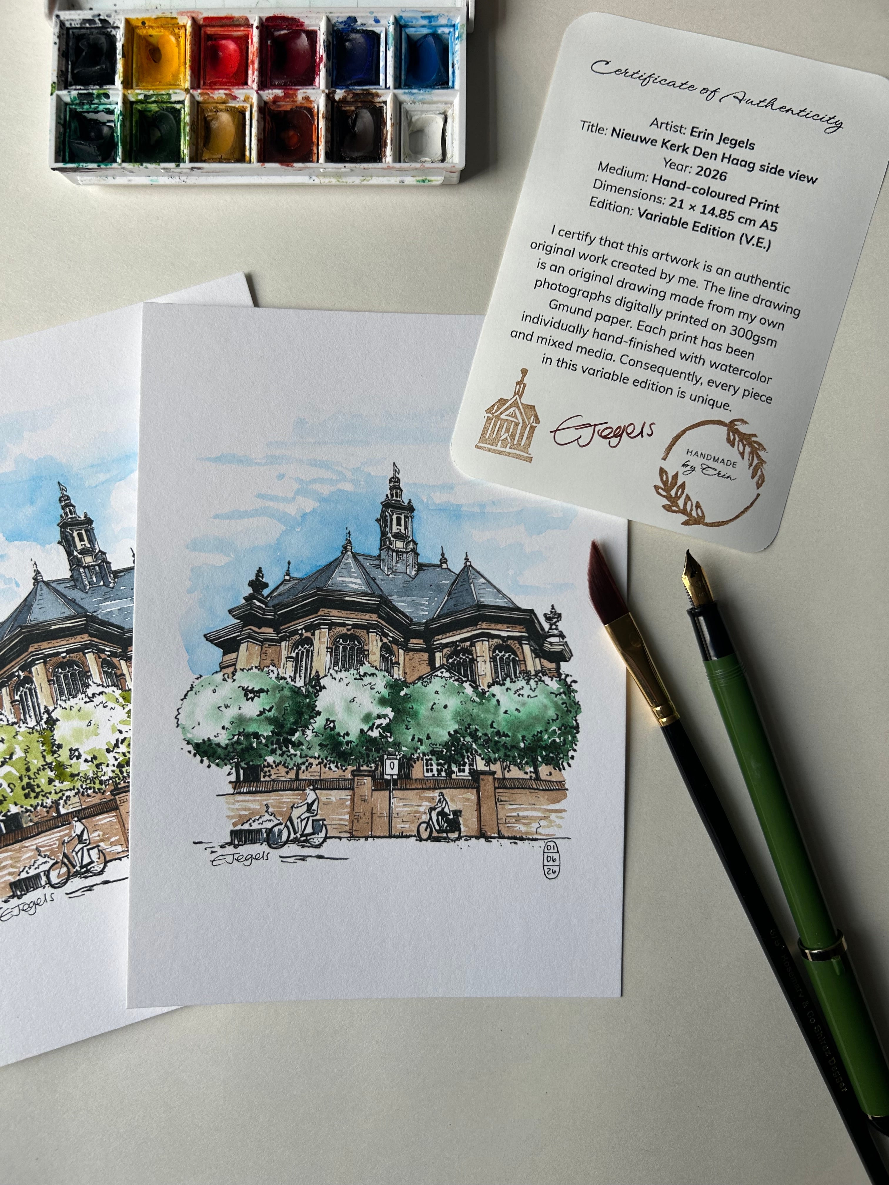 Nieuwe Kerk Den Haag side view – Hand-coloured Print by Erin Jegels