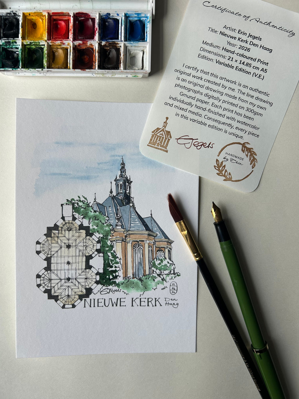 Nieuwe Kerk Den Haag – Hand-coloured Print by Erin Jegels