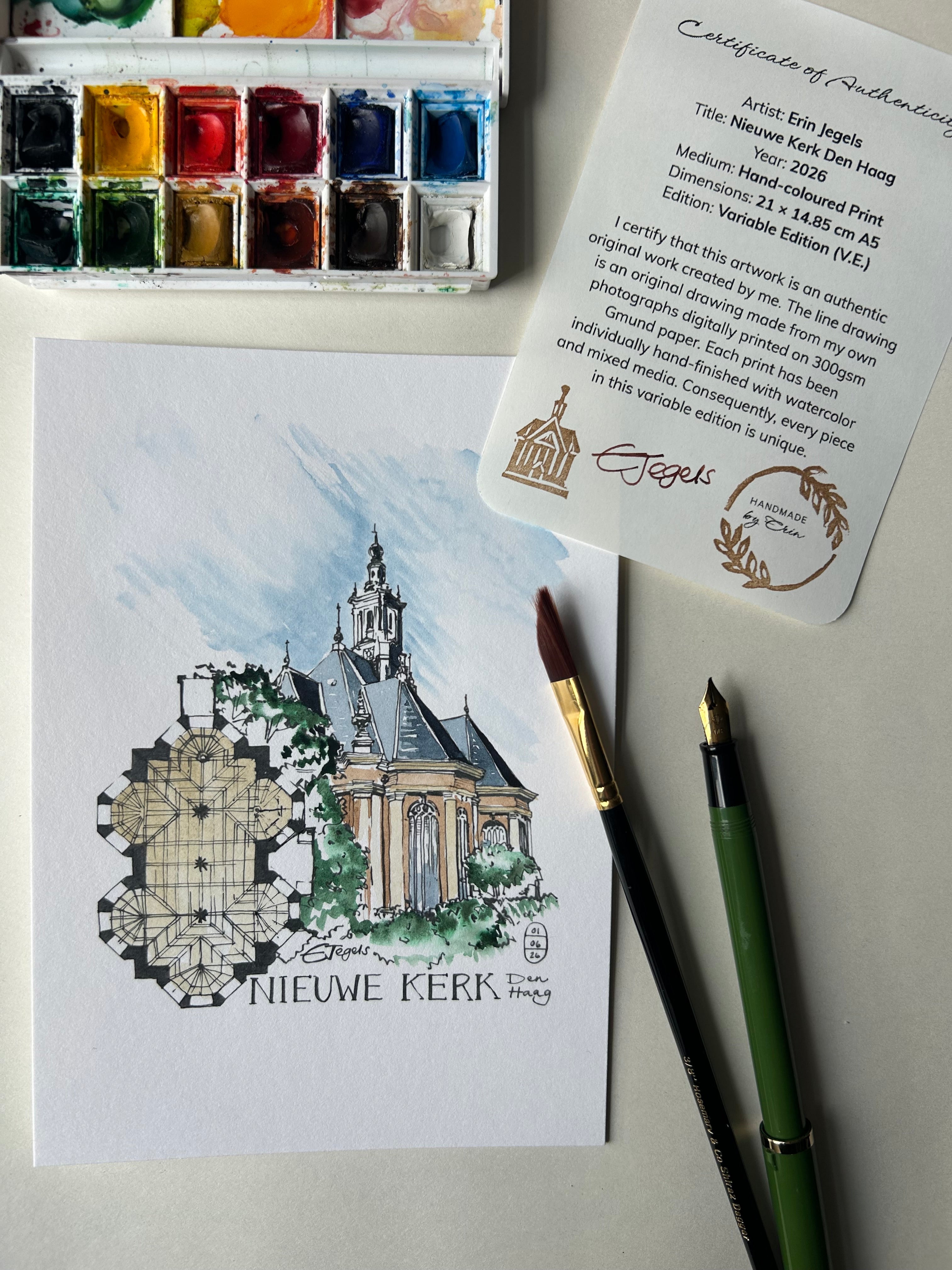 Nieuwe Kerk Den Haag – Hand-coloured Print by Erin Jegels