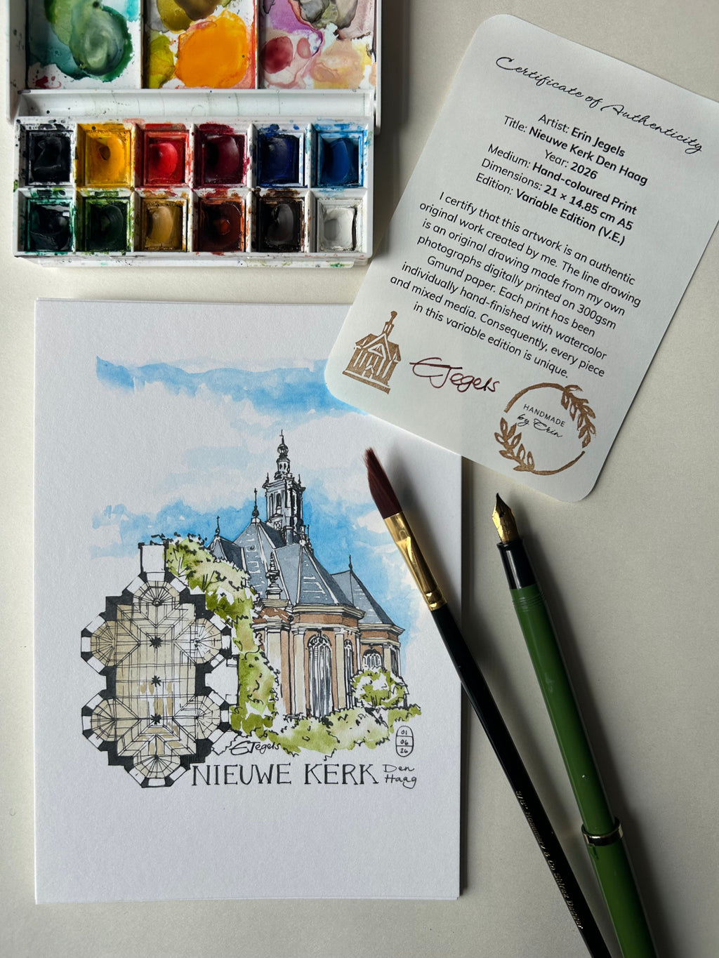 Nieuwe Kerk Den Haag – Hand-coloured Print by Erin Jegels
