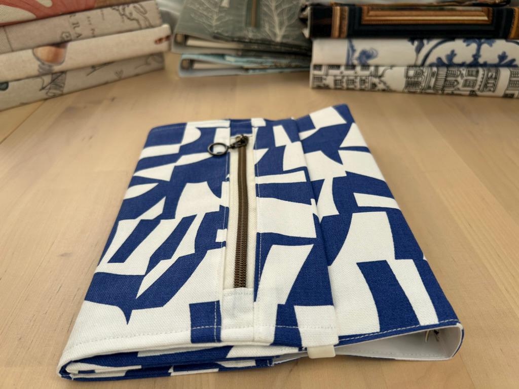 Handmade Limited Edition Fabric-Covered Journal with Integrated Pencil Case - Graphic white and blue cover
