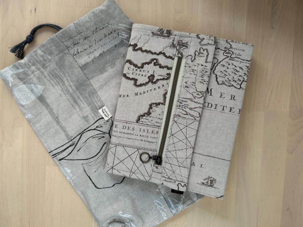 Handmade Limited Edition Fabric-Covered Journal with Integrated Pencil Case - Neutral map themed cover