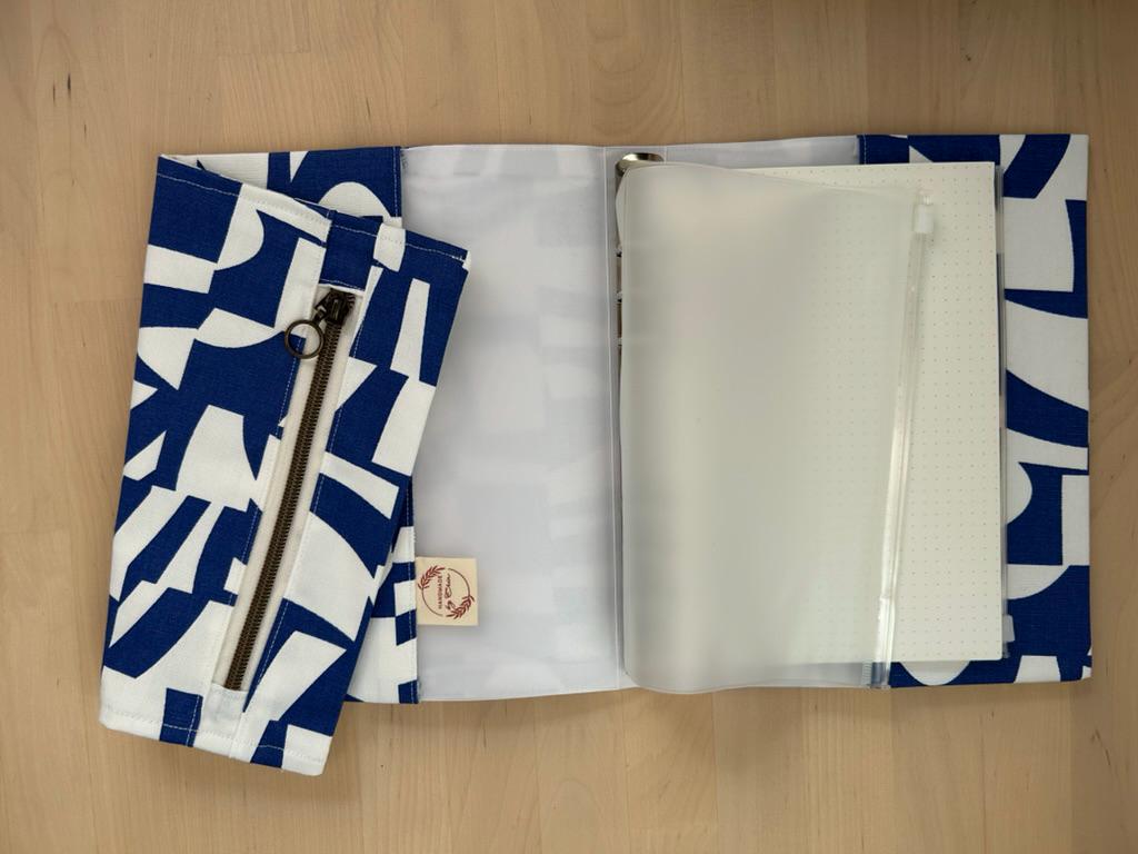 Handmade Limited Edition Fabric-Covered Journal with Integrated Pencil Case - Graphic white and blue cover