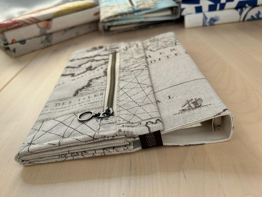 Handmade Limited Edition Fabric-Covered Journal with Integrated Pencil Case - Neutral map themed cover
