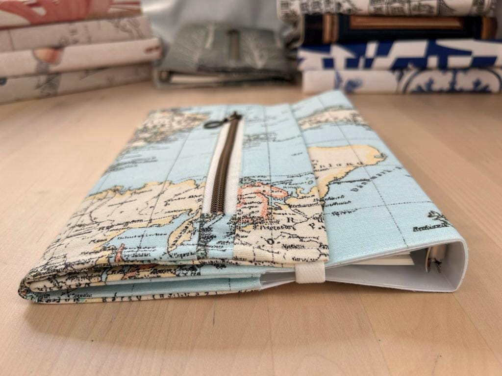 Handmade Limited Edition Fabric-Covered Journal with Integrated Pencil Case - World map cover