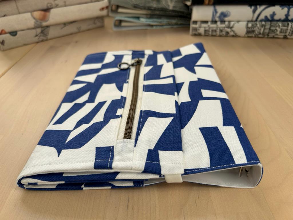 Handmade Limited Edition Fabric-Covered Journal with Integrated Pencil Case - Graphic white and blue cover