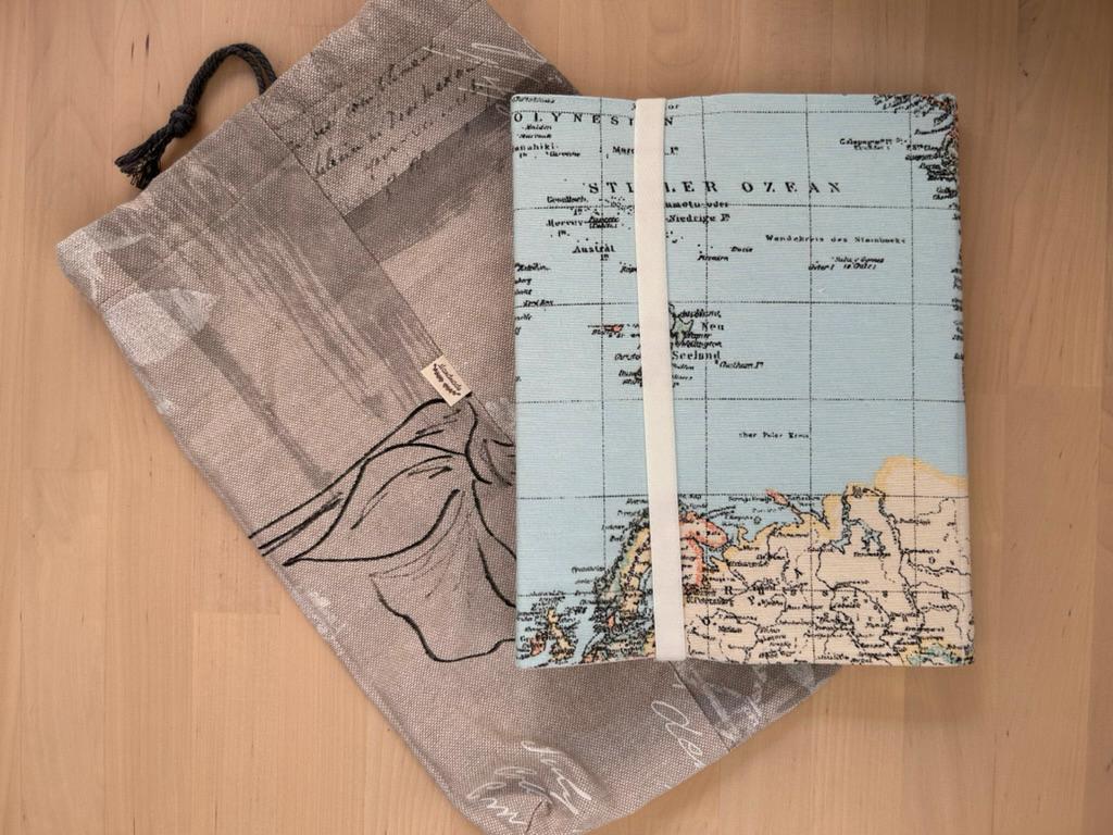 Handmade Limited Edition Fabric-Covered Journal with Integrated Pencil Case - World map cover