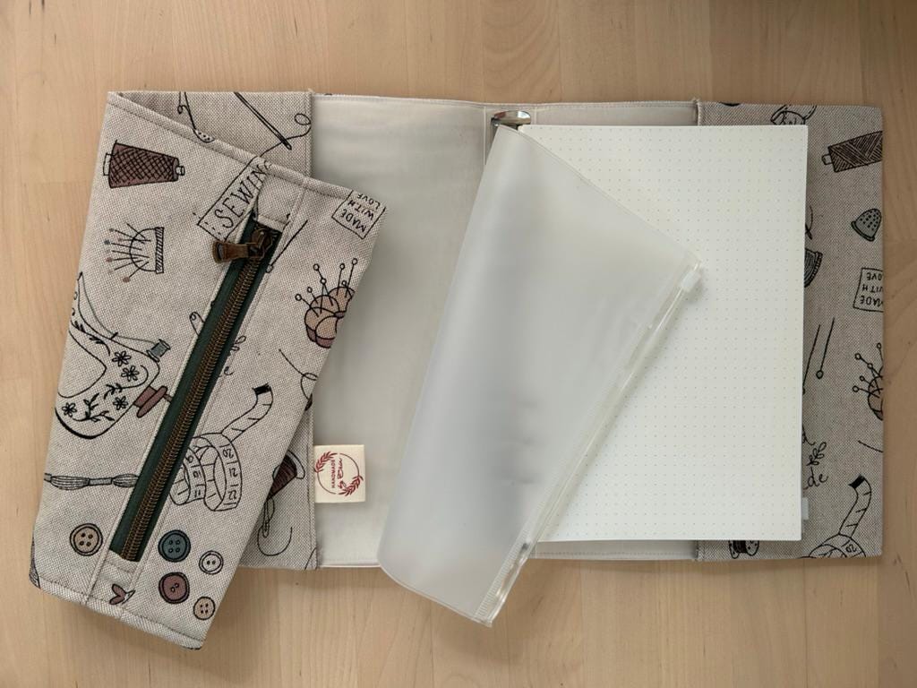 Handmade Limited Edition Fabric-Covered Journal with Integrated Pencil Case - Sewing themed cover